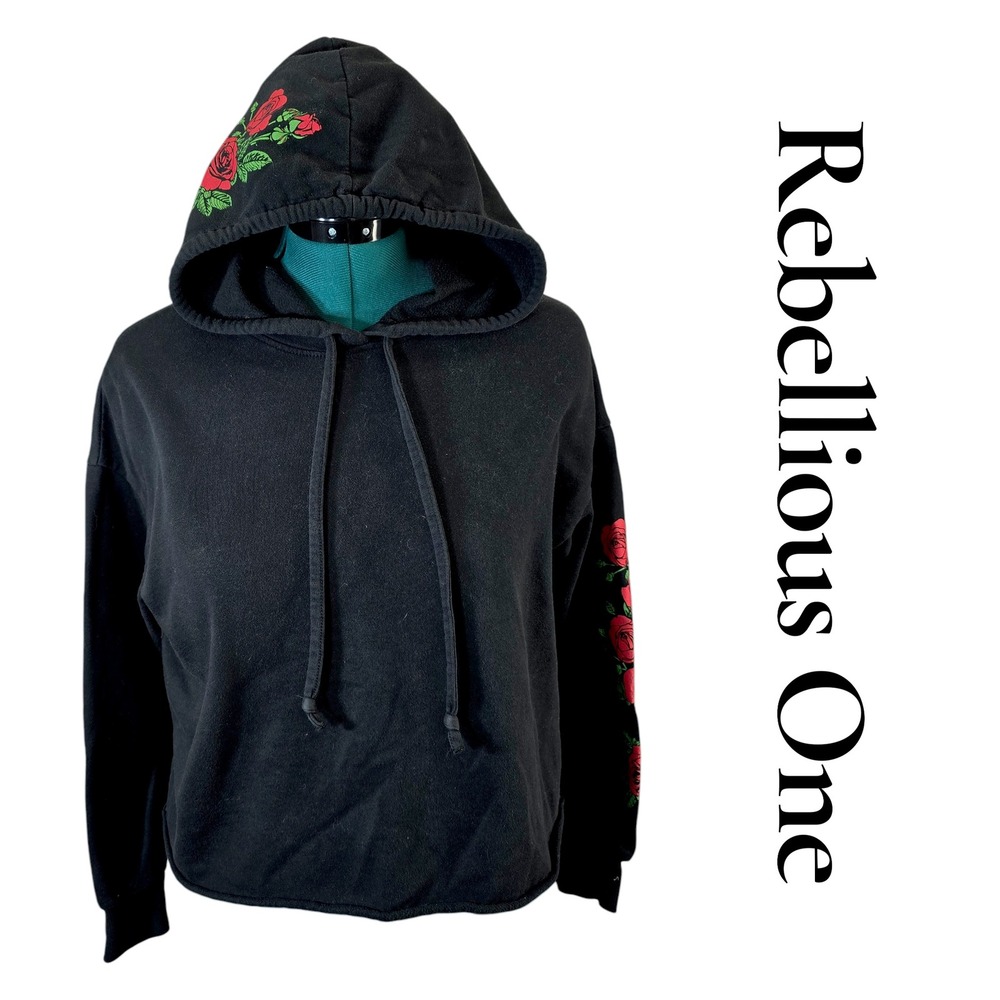 Rebellious One Womens Black Rose Floral Graphic Cropped Hoodie Sweatshirt L